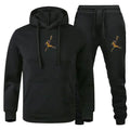 Black hoodie and pants set with a logo on a white background