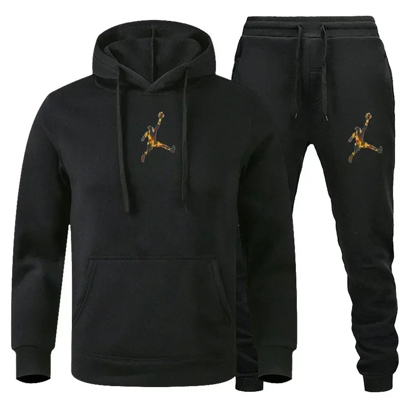Black hoodie and pants set with a logo on a white background