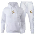 White hoodie and pants set with a logo on a white background