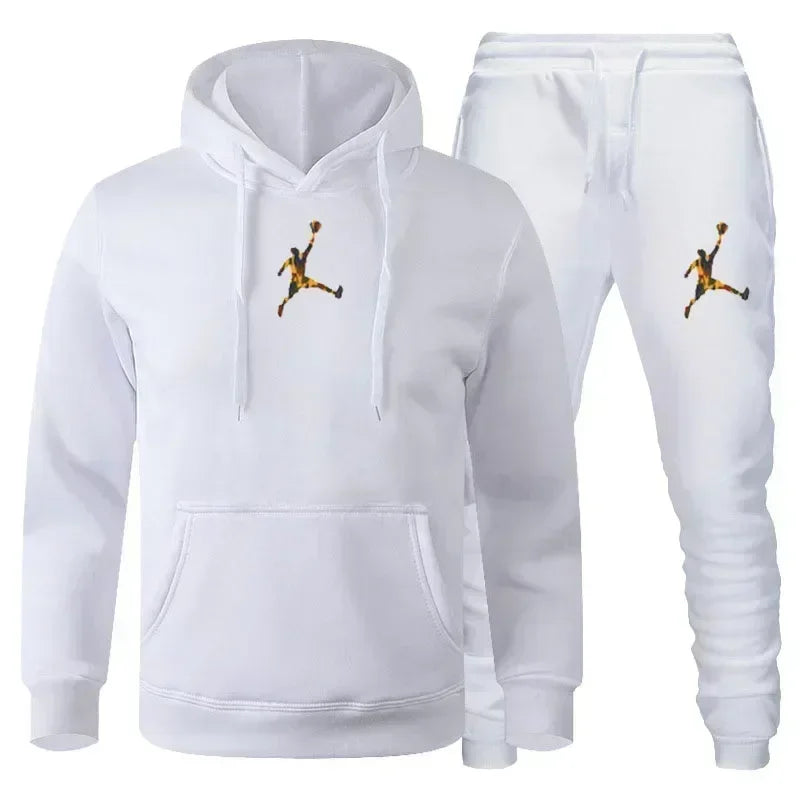White hoodie and pants set with a logo on a white background