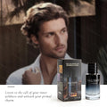 Man with a beard and styled hair, with Salvage Eau de Parfum packaging and bottle displayed.