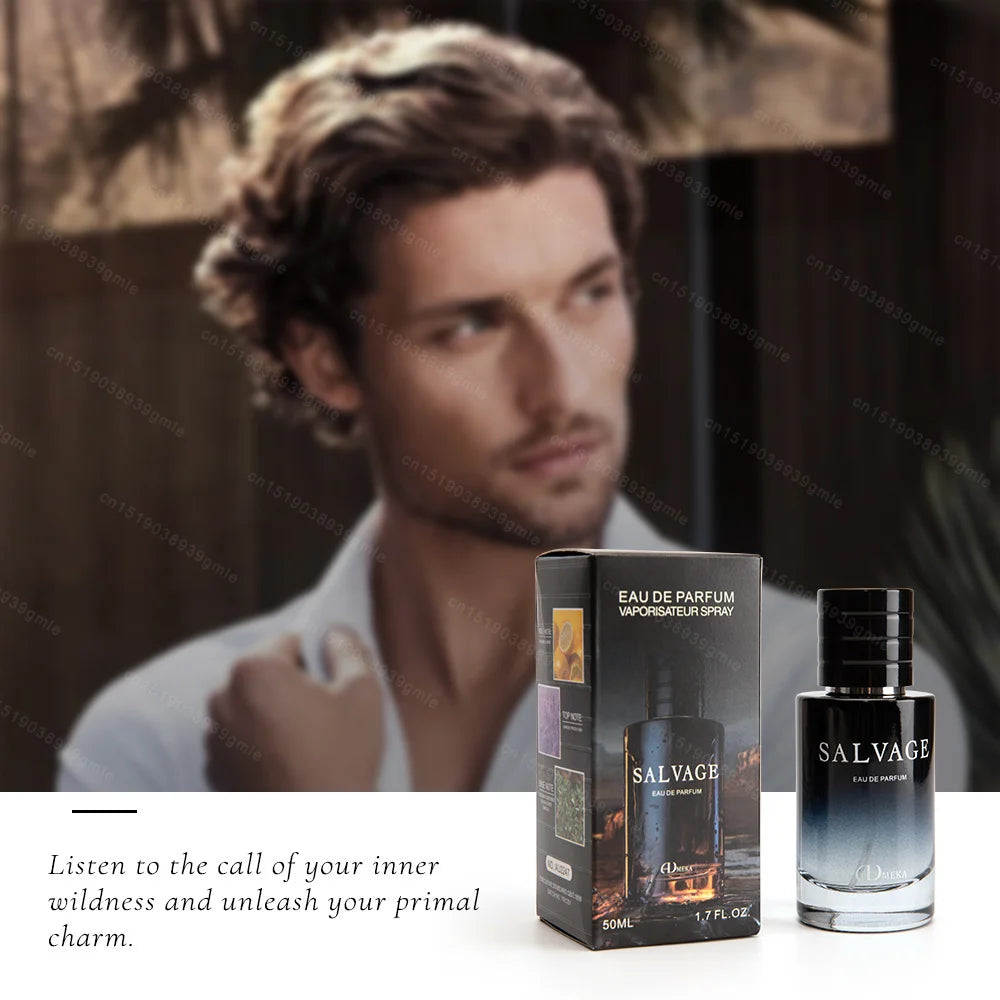 Man with a beard and styled hair, with Salvage Eau de Parfum packaging and bottle displayed.