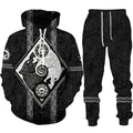 Black hoodie and pants set with white tribal patterns on a white background