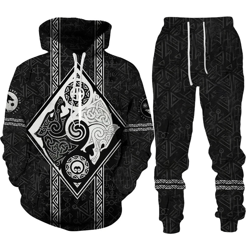 Black hoodie and pants set with white tribal patterns on a white background