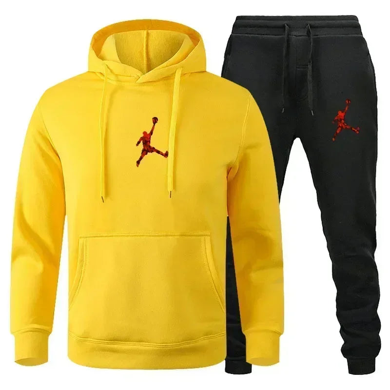Yellow hoodie and black pants with red logo on a white background