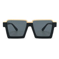 Sunglasses with black frames and dark lenses on a white background