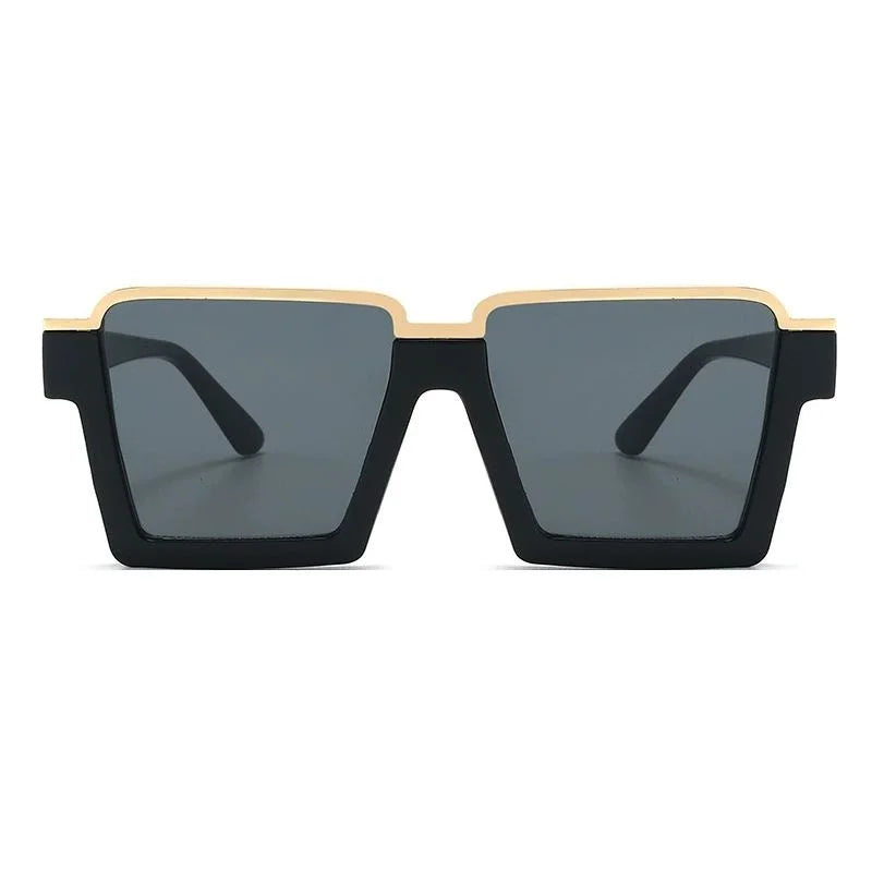 Sunglasses with black frames and dark lenses on a white background