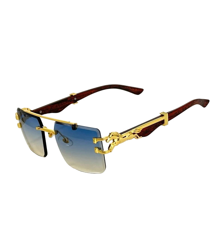 Sunglasses with gold frame and wooden arms on a white background