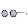 Round sunglasses with silver frame and dark lenses on a white background