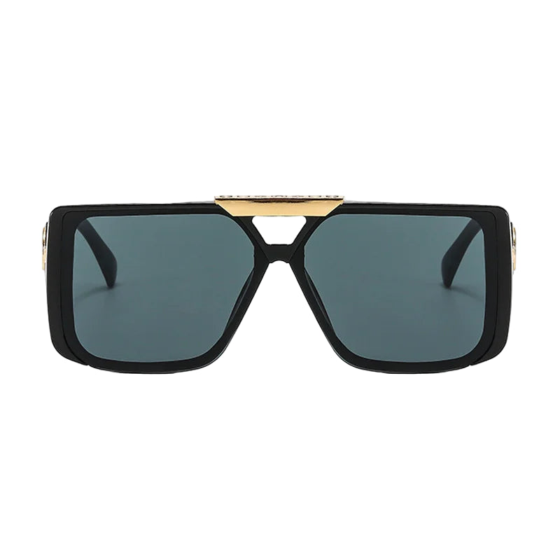 Black sunglasses with gold accents on a white background