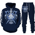Navy blue hoodie and jogger set with white graphic design on a white background