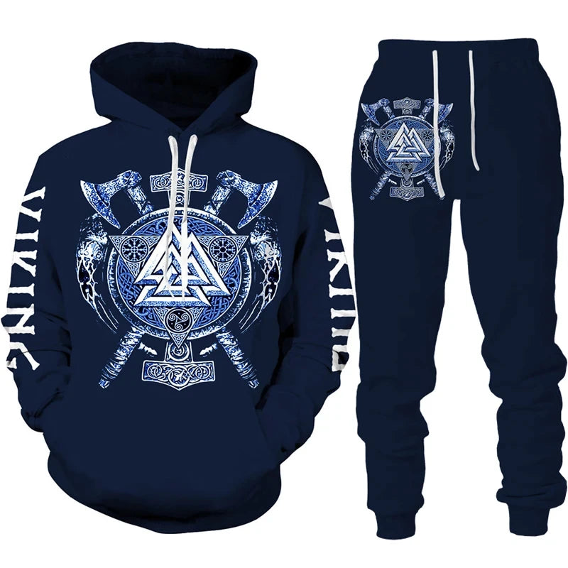 Navy blue hoodie and jogger set with white graphic design on a white background