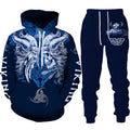 Navy blue hoodie and pants set with Viking design on a white background