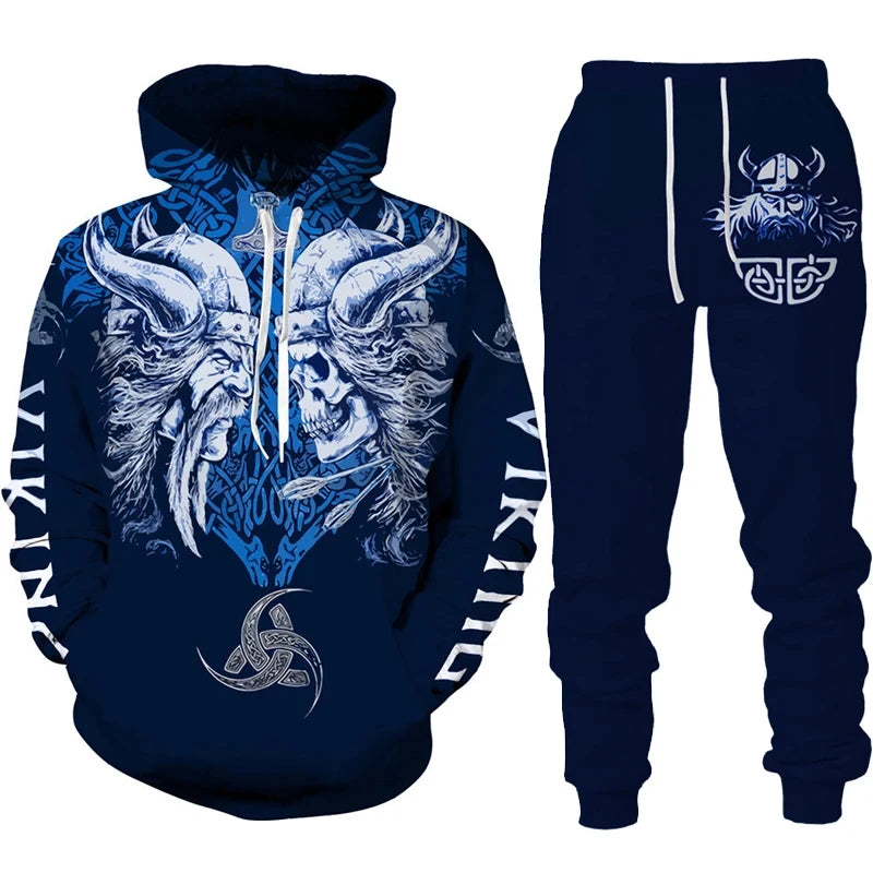 Navy blue hoodie and pants set with Viking design on a white background
