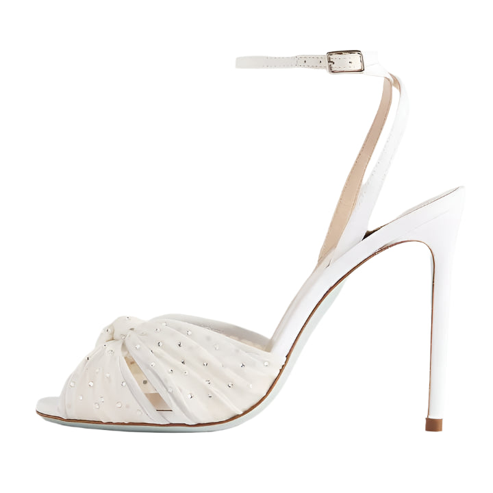 women’s mesh peep toe shoes, high heel wedding sandals, ankle strap stiletto sandals, crystal knot bridal heels, stylish wedding shoes for women, lace mesh bridal shoes, bridal party heels, luxury wedding shoes, peep toe stilettos, bridal heels with ankle strap, summer bridal shoes, rhinestone embellished heels, designer wedding sandals, fashionable heels for bride, white evening shoes, wedding heels for women, women’s dress sandals, sexy white heels, mesh heels with crystals,