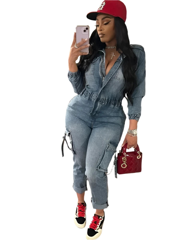 y2k fashion jumpsuit, y2k cargo jumpsuit, women’s zip-up jumpsuit, women’s playsuit fall fashion, women’s jean overalls with pockets, women’s fall streetwear, women’s fall fashion overalls, women's y2k streetwear, women's trendy jumpsuits, women's lapel collar jumpsuit, women's denim cargo jumpsuit, 

