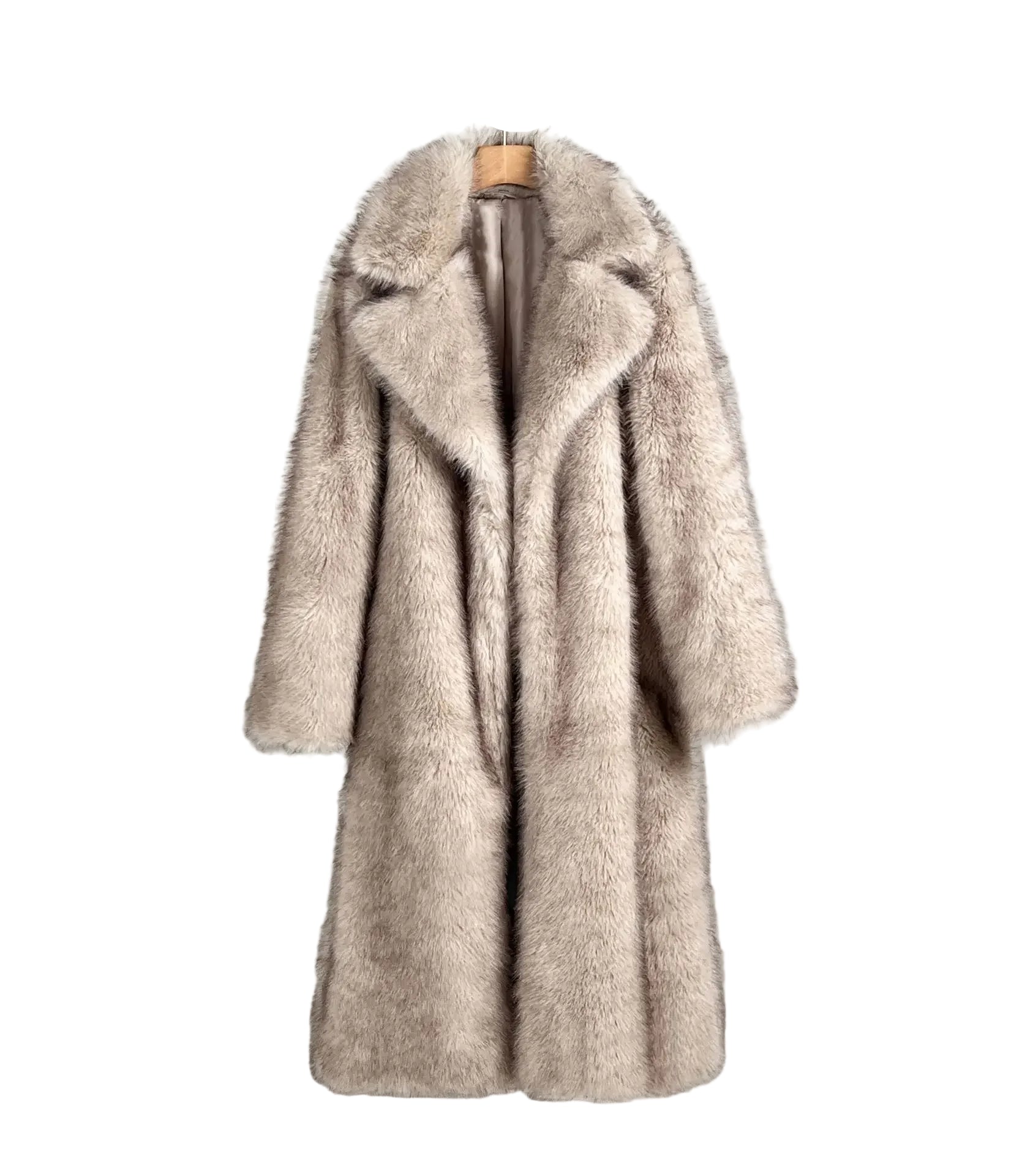 Beige fur coat on a hanger against a plain wall with a black chair in the corner.