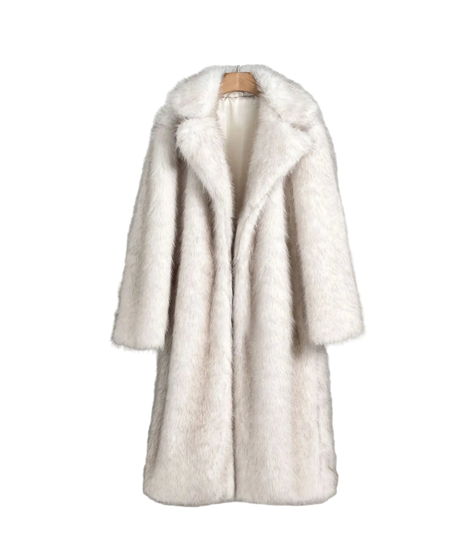 White fur coat on a hanger against a plain background