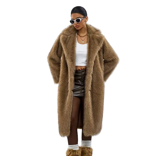 Person wearing a long brown fur coat on a white background