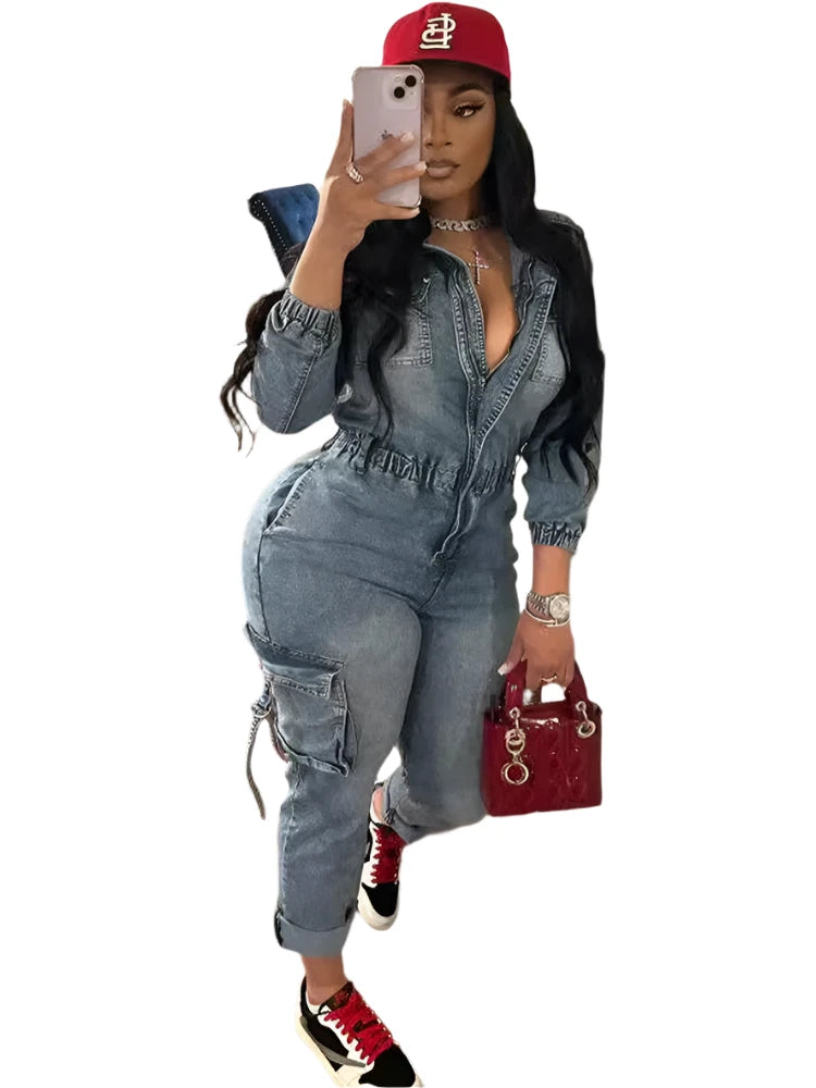 y2k fashion jumpsuit, y2k cargo jumpsuit, women’s zip-up jumpsuit, women’s playsuit fall fashion, women’s jean overalls with pockets, women’s fall streetwear, women’s fall fashion overalls, women's y2k streetwear, women's trendy jumpsuits, women's lapel collar jumpsuit, women's denim cargo jumpsuit, 

